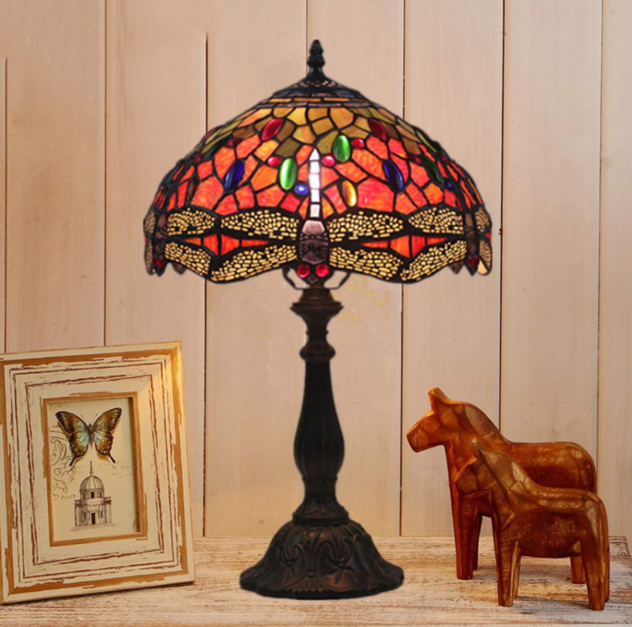 12-calowe lampy stołowe w stylu Retro Art Stained Glass'ego Retro czerwona ważka witraż dekoracyjna sypialnia lampka nocna na biurko do oświetlenia pokoju do nauki, E27 (żarówki nie wchodzą w