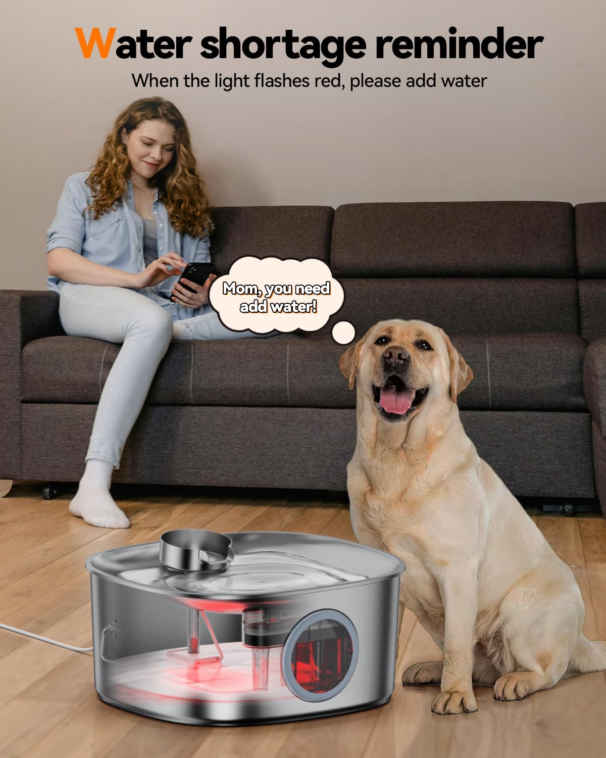 Dog Water Fountain Stainless Steel, 11L/2.8Gal Large Pet Water Fountain for Large Dogs Inside, Dog Fountain Water Bowl Automatic Dispenser with Visible Window & LED, Ultra Quiet for Dogs and Multi-Pet - image 7