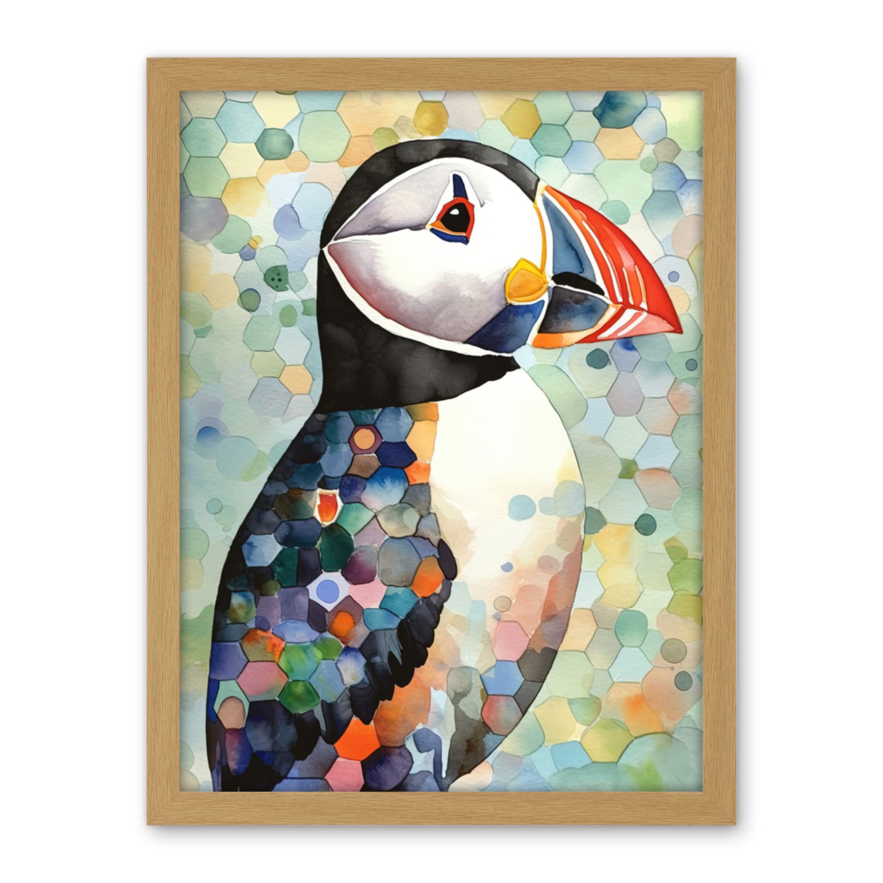 Artery8 Puffin Bird Portrait Pastel Colour Folk Art Artwork Framed Wall Art Print 18X24 Inch
