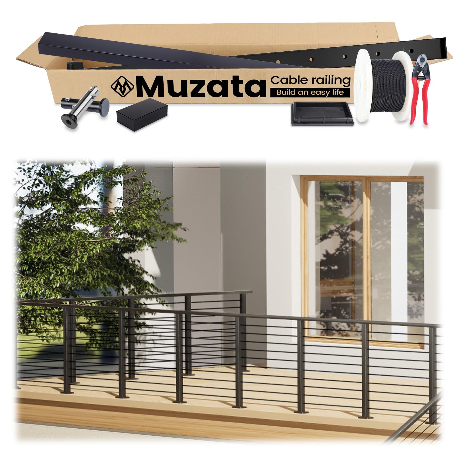 Muzata 19'6"-26' Black Complete Cable Railing Kit 36 Inch Cable Railing System for Decks with Post Handrail Length Adjustable Easy DIY with User Guide