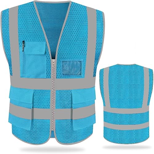 FEimaX Chaleco de seguridad de alta visibilidad, chaleco de trabajo reflectante de malla para hombres y mujeres con bolsillos y cremallera, cumple