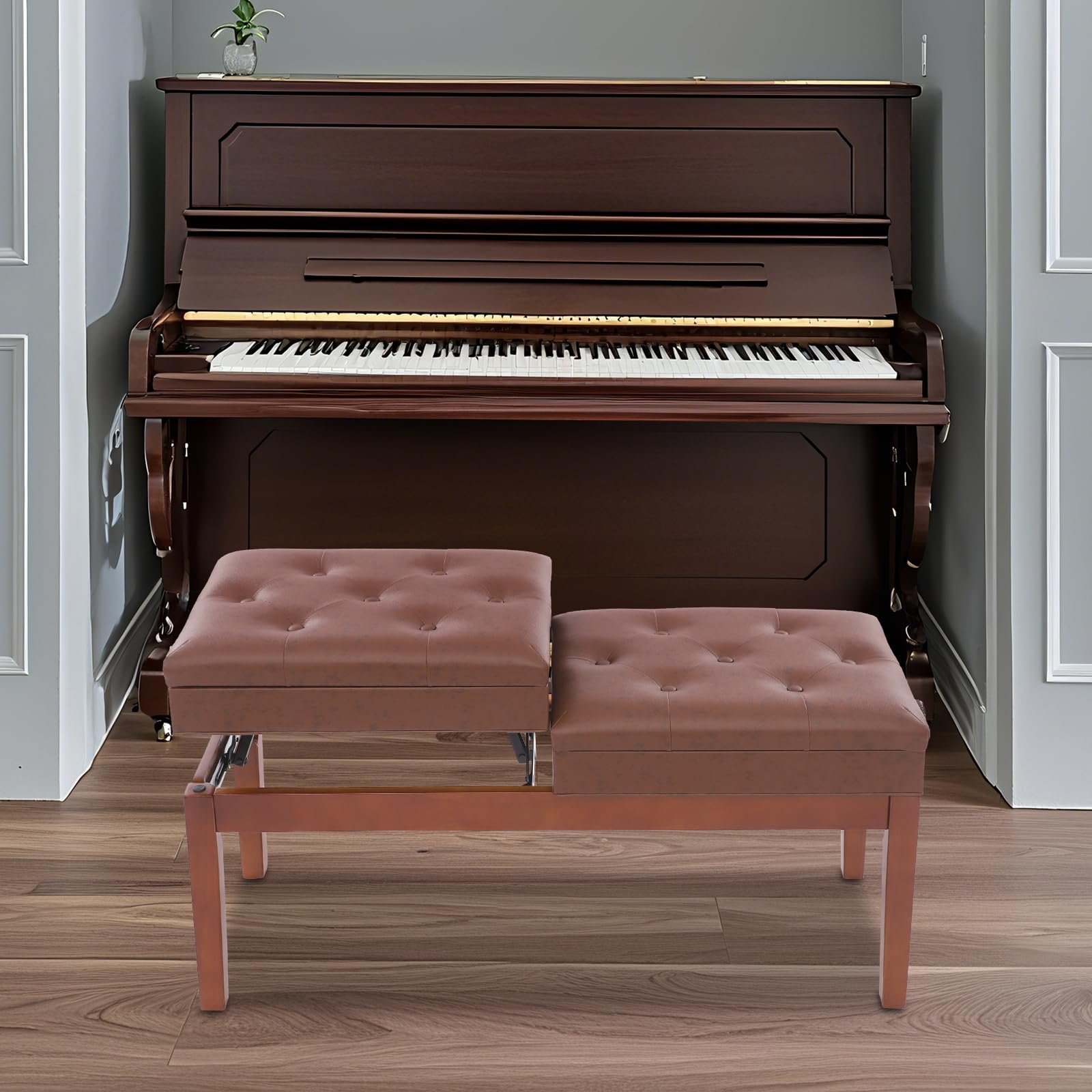 Banc de piano double siège avec espace de rangement - Grand tabouret de piano pour 2 personnes - Assises indépendantes réglables en hauteur - 108 x 39 x 48 cm (marron)