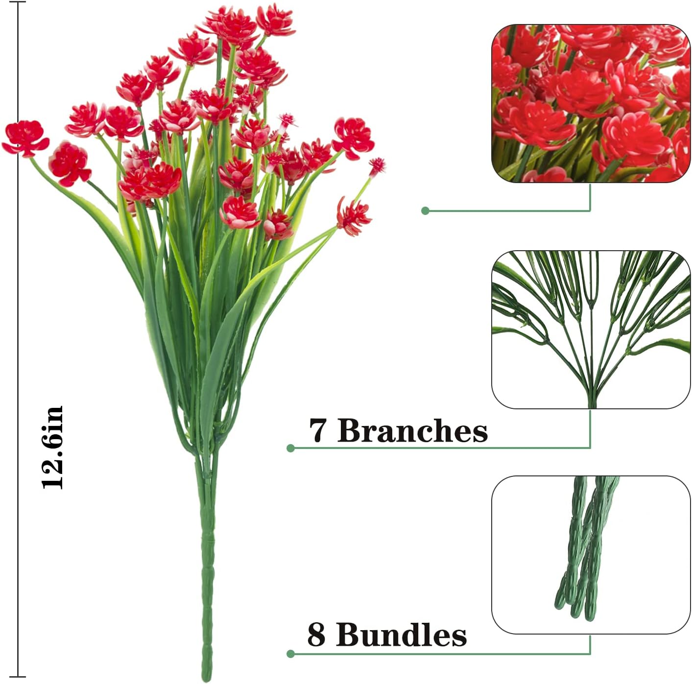 Outdoor Artificial Fake Flowers - 8 Bundles Plastic Flowers Outdoors Plants UV Resistant Faux Flowers for Indoor Outdoor Garden Hanging Porch Window Box Wedding Decor(Red) - Image 2