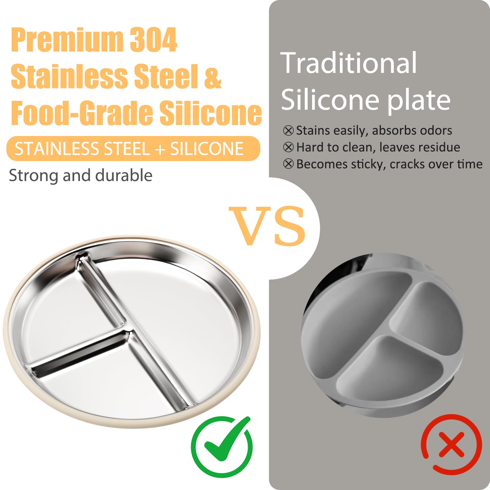 CLDY - Juego de 4 platos y cuencos de acero inoxidable para bebés - Con base de placa de succión 100% de silicona, juego de cena con platos de destete para niños pequeños - Platos divisores irrompible
