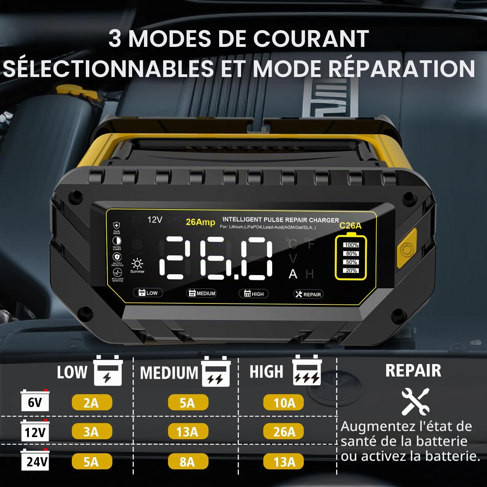 Haistio Chargeur intelligent 26A, 6V/12V/24V, écran LCD, entretien, charge d'entretien et sulfatation pour AGM, lithium, LiFePO4, acide plomb (moto, camping-car)