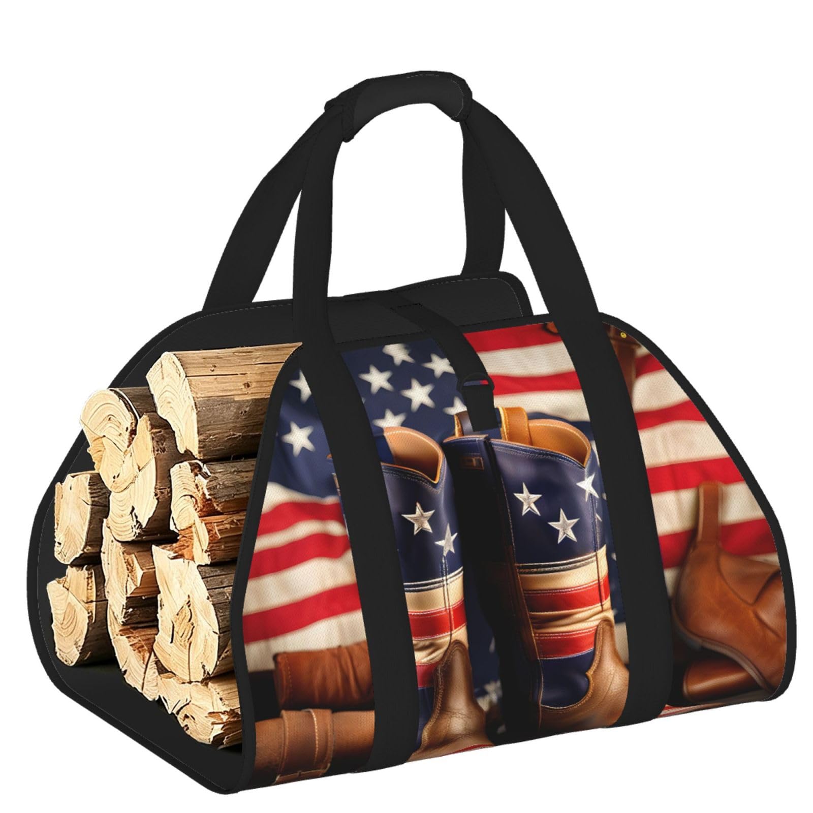 American Flag with Cowboy Boots Printed Firewood Carrier Bag, Log Tote with Open-Ended Design for Camping Outdoor Wood Hauling