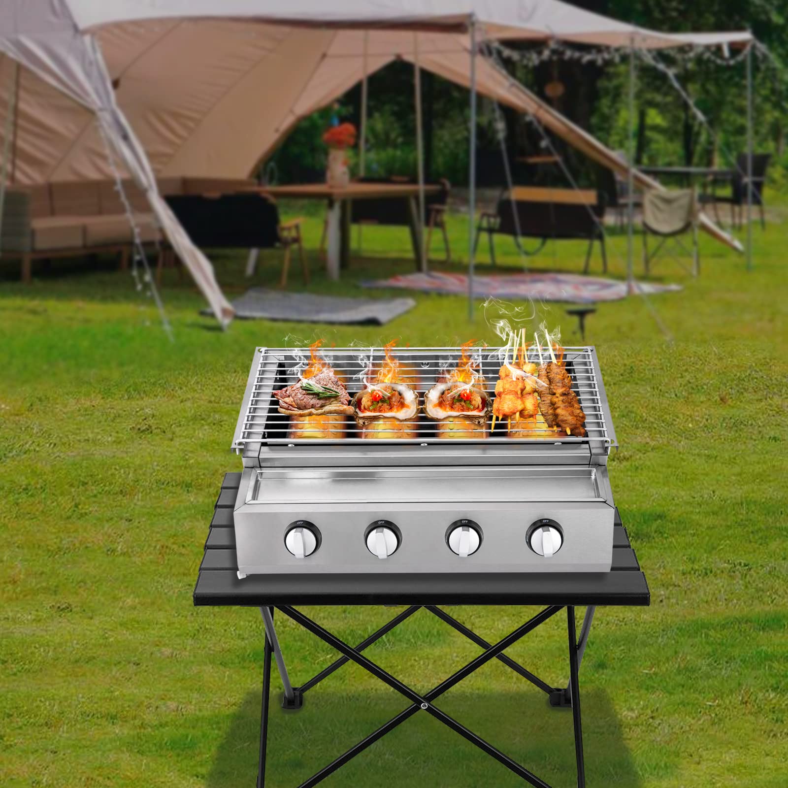 4 barbecue a gas Heat Pipe, barbecue a gas da tavolo, in acciaio inox, piccolo barbecue a gas, design di accensione indipendente, regolabile in altezza, griglia rimovibile, griglia a gas Gastro, per