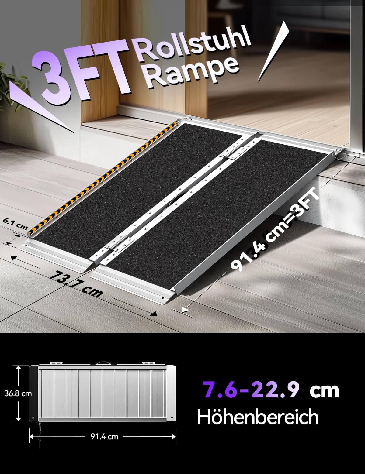 FACHNUO Rollstuhlrampe 91cm Faltbare Aluminium Schwellenrampe mit verstellbaren Stützbeinen, 362kg Tragfähigkeit, rutschfeste & tragbar, Schwarze Rampe für niedrige Treppen, Stufen, Türen, Eingänge