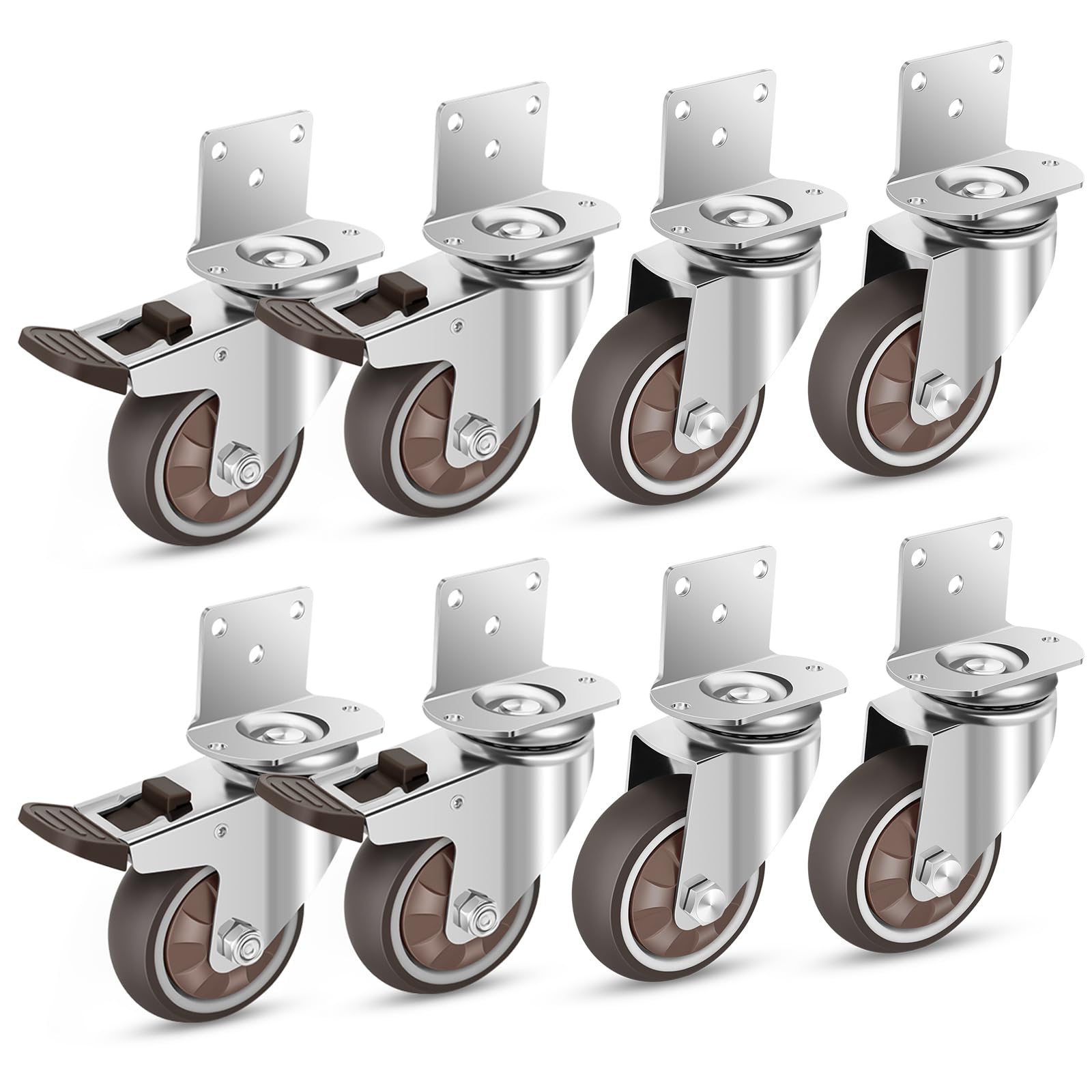 Juego de 8 ruedas giratorias de goma resistentes en forma de L de 3 pulgadas con montaje lateral, rodamientos de bolas, rodamientos de bolas, giro de 360 grados, ruedas para muebles, cunas, cocinas