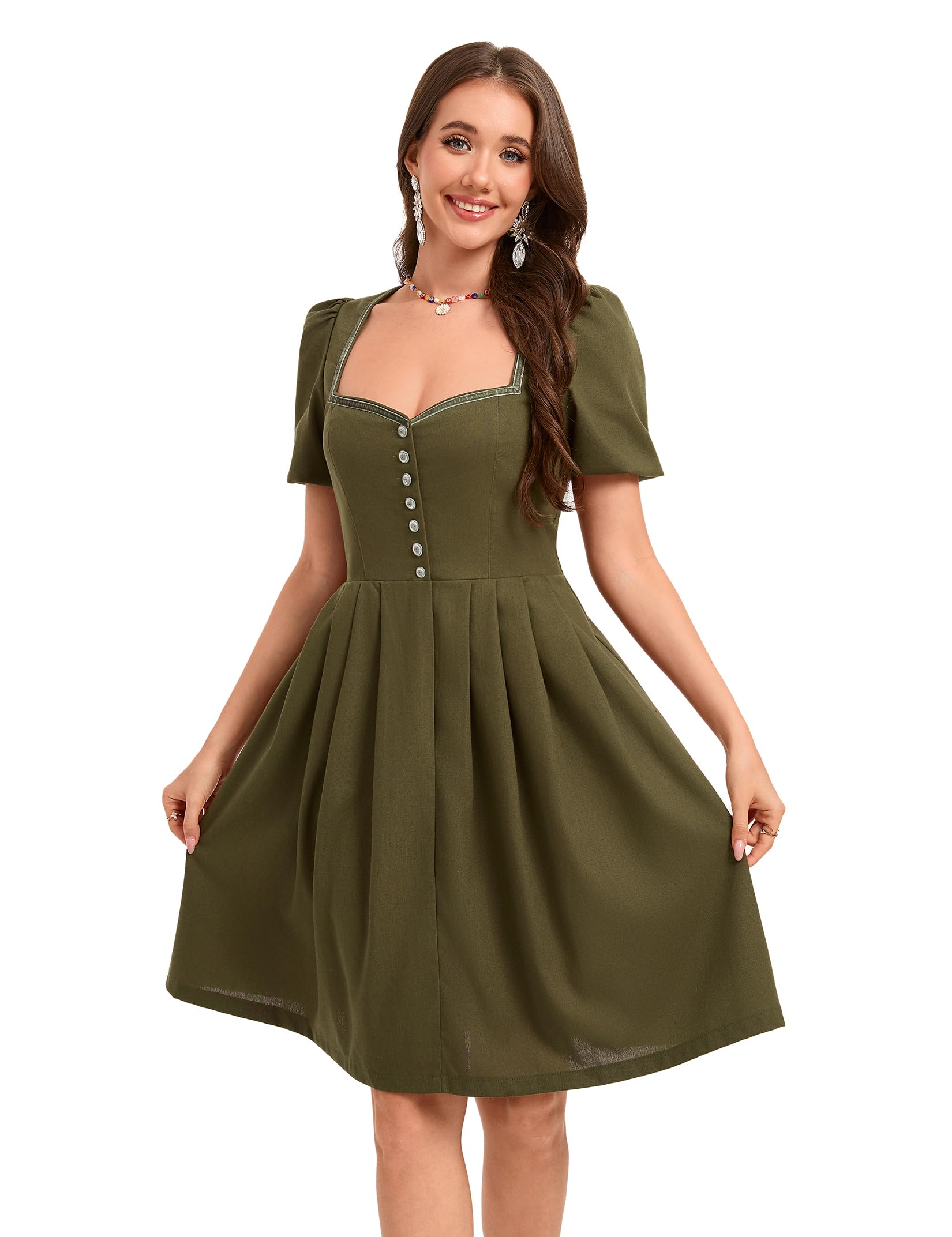 YesFashion Damen Dirndlkleid 2tlg. Elegantes Trachtenkleid mit Puffärmeln und Schürze – Midi Dirndl für Oktoberfest(Baumwolle Leinen)