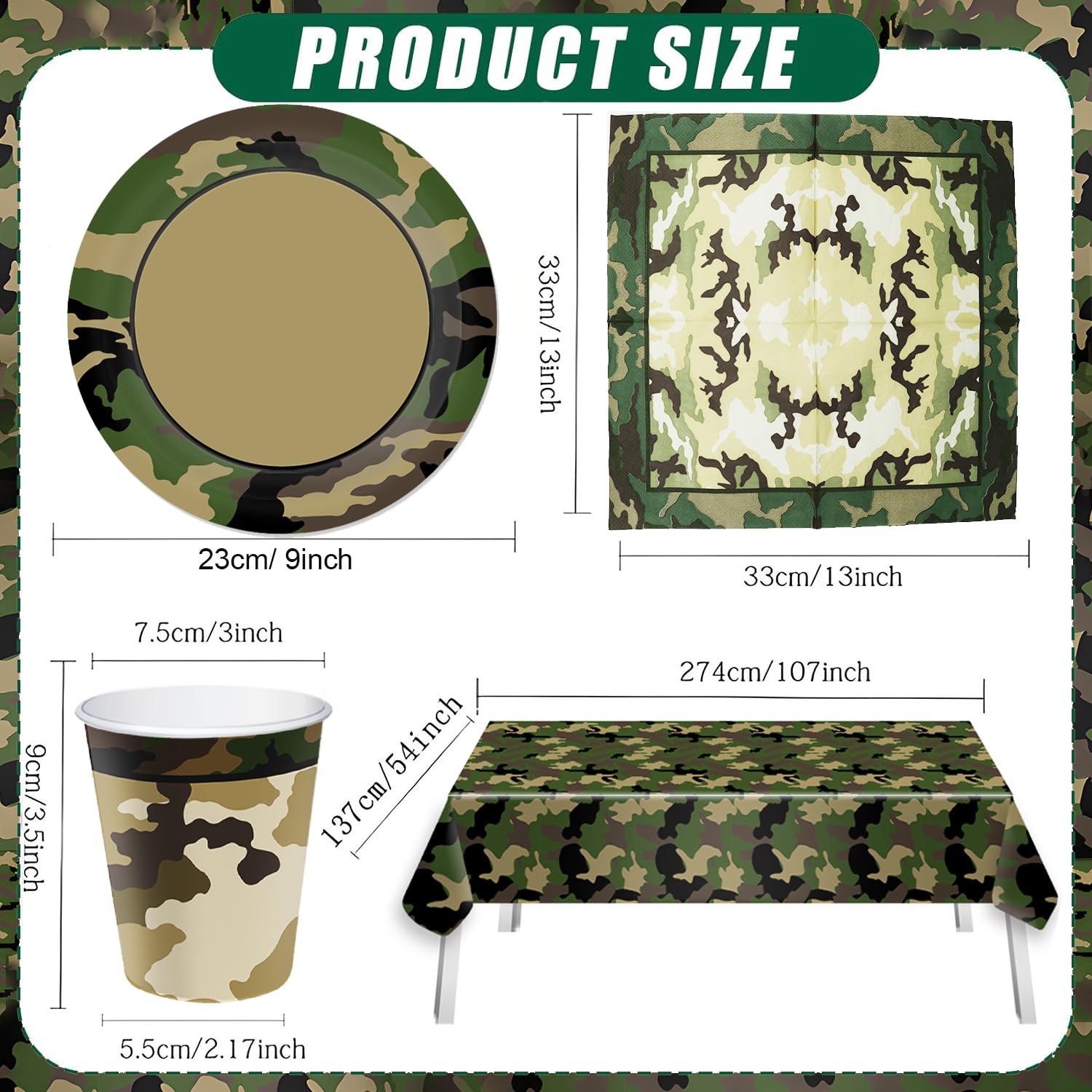 Set di stoviglie mimetiche per feste da 24 ospiti, piatti piani, temi di compleanno dell'esercito, decorazione da tavolo, campeggio, feste all'aperto