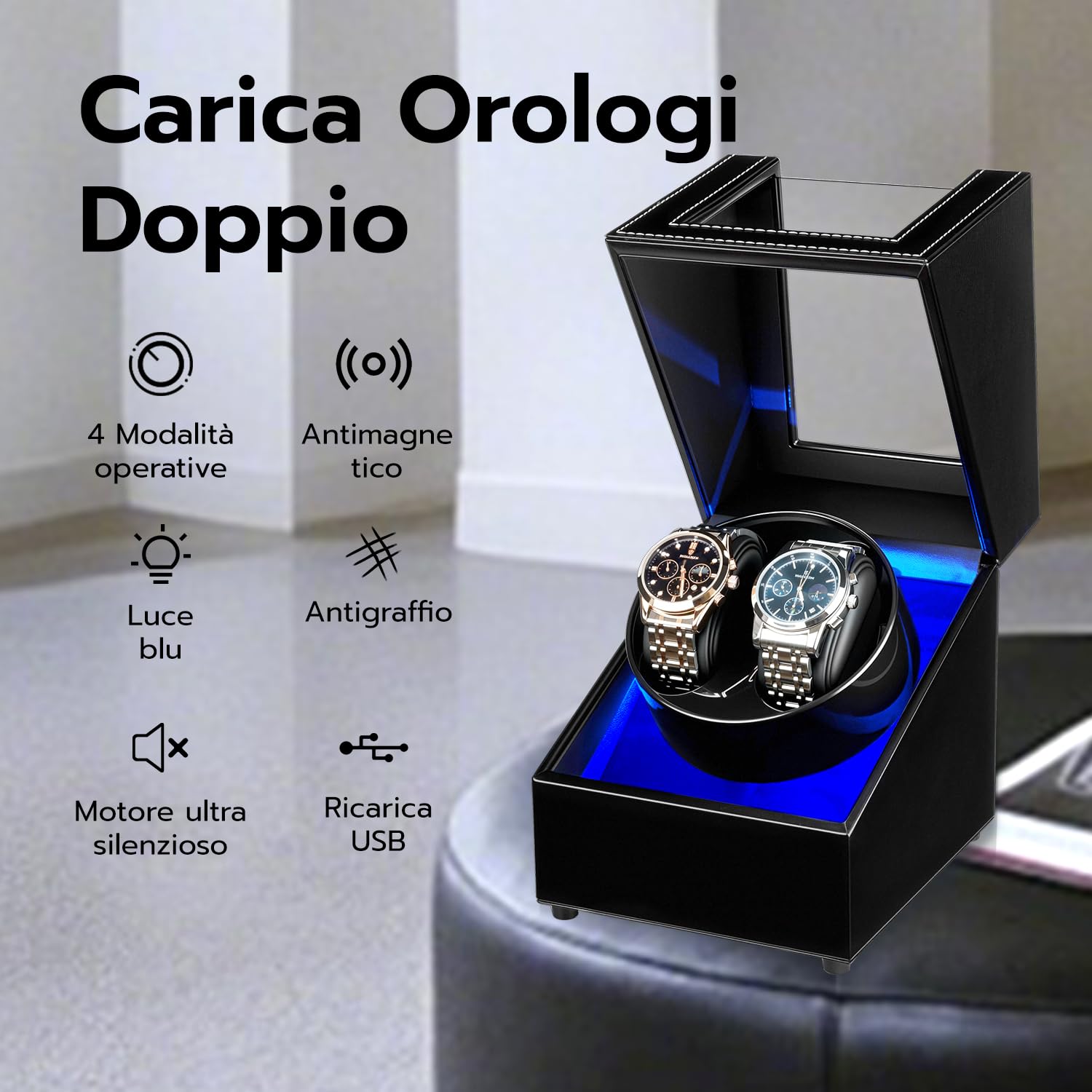 Mcbazel Winder per Orologi Doppio, Custodia per Orologi a Doppia Posizione in Pelle PU con 5 Modalità, Custodia Rotante Automatica con Ricarica USB e Luce LED Blu – Nera