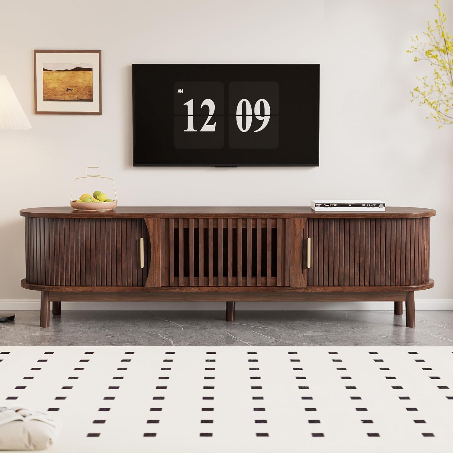 Merax Farmhouse TV Stand Consoles for 75" TVs, Wood Entertainment Center with Storage Cabinets, Practical Media Console for Living Room, Dark Brown