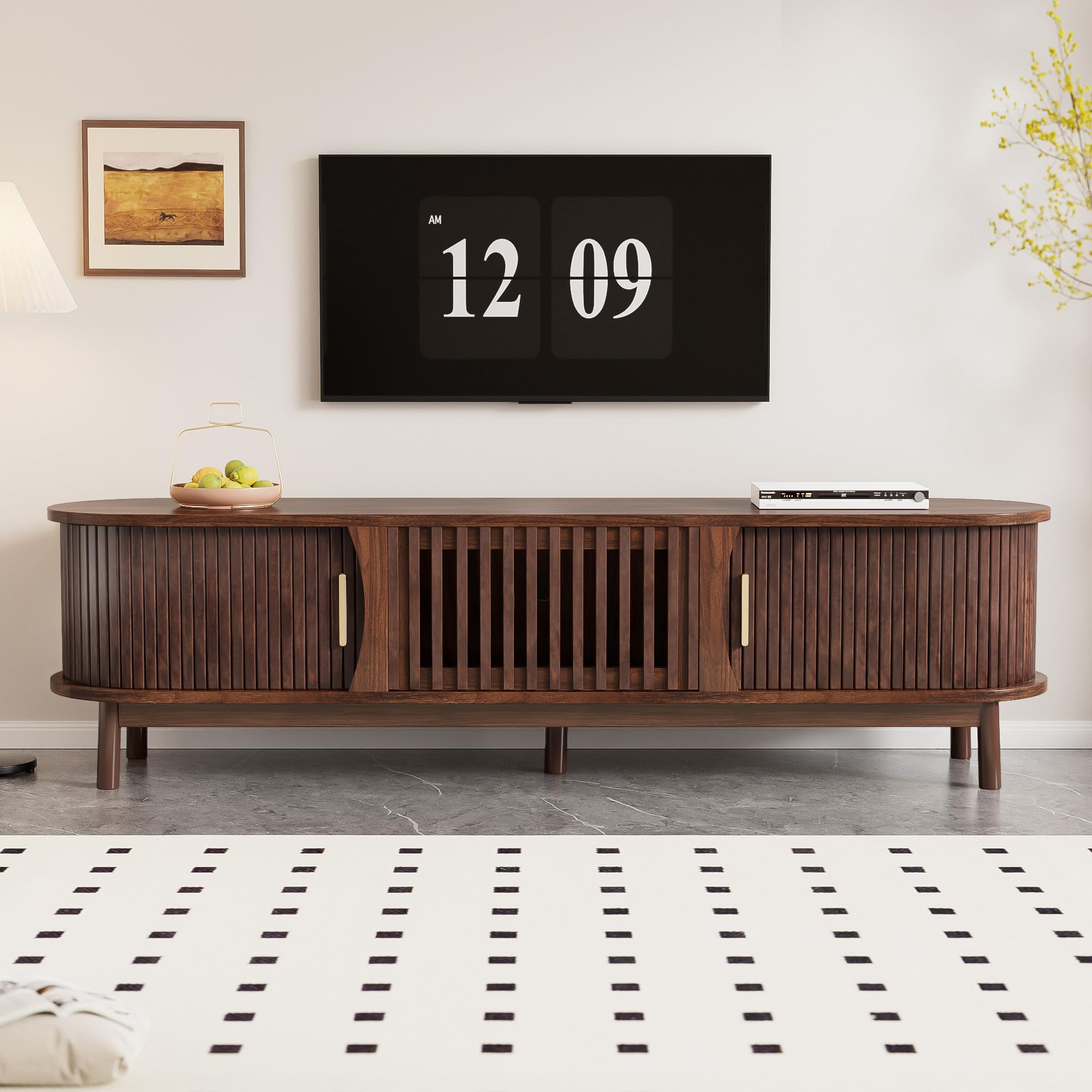 BTM TV Stand with 2 Sliding Doors, 1Pull-down door, Oval TV Cabinet Storage Sideboard with Rounded Corners, TV Entertainment center for living room bedroom,165 x 39,5 x 46 cm, MDF, for 65 inch TV