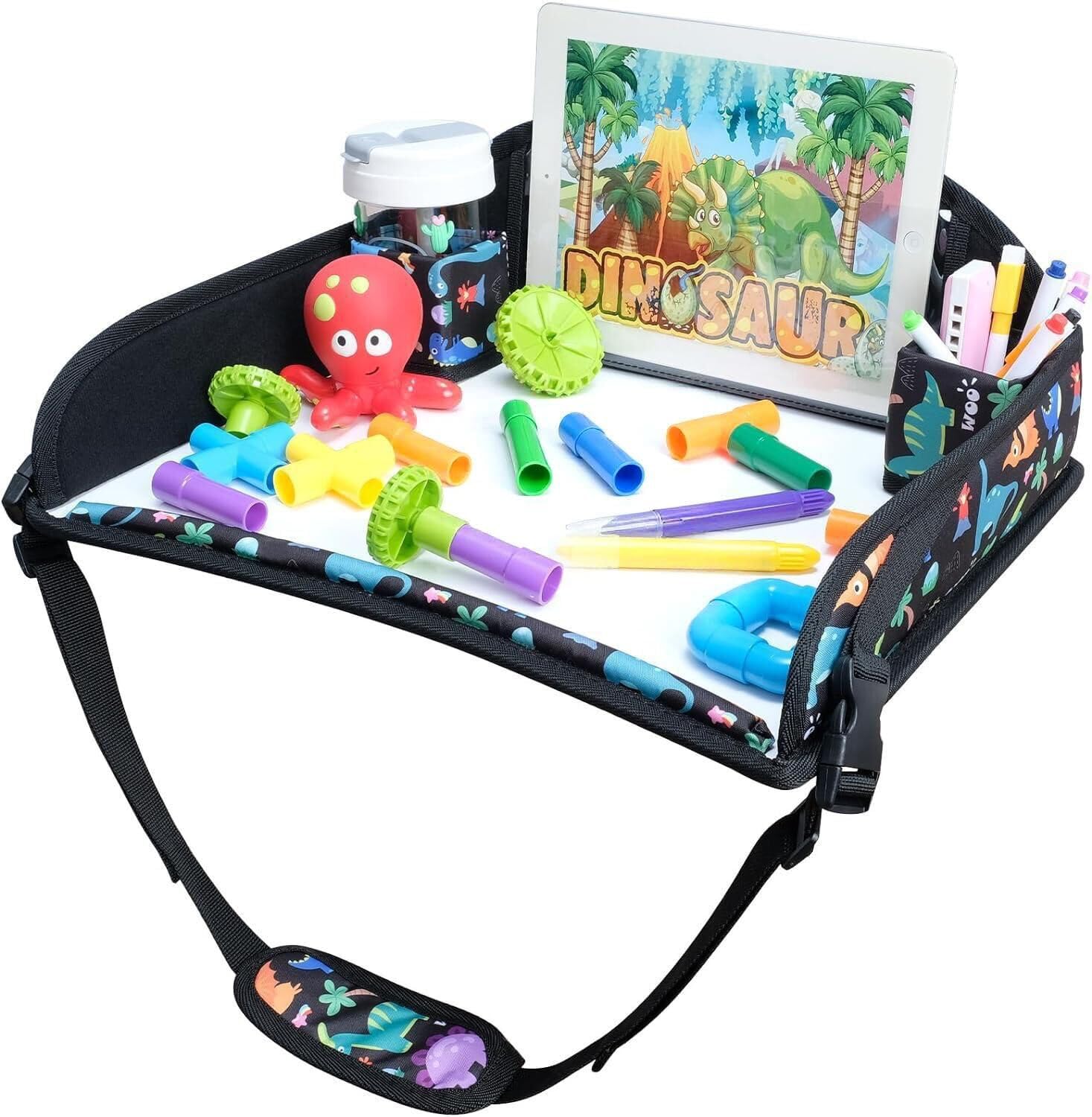 INFANZIA Reisetisch Kindersitz für Kinder - Knietablett, Snack Tablett, Kindersitz Rücksitz für Auto Flugzeug Zug Reisen - Unterstützung, Faltbarer Organizer (Dinosaurier)