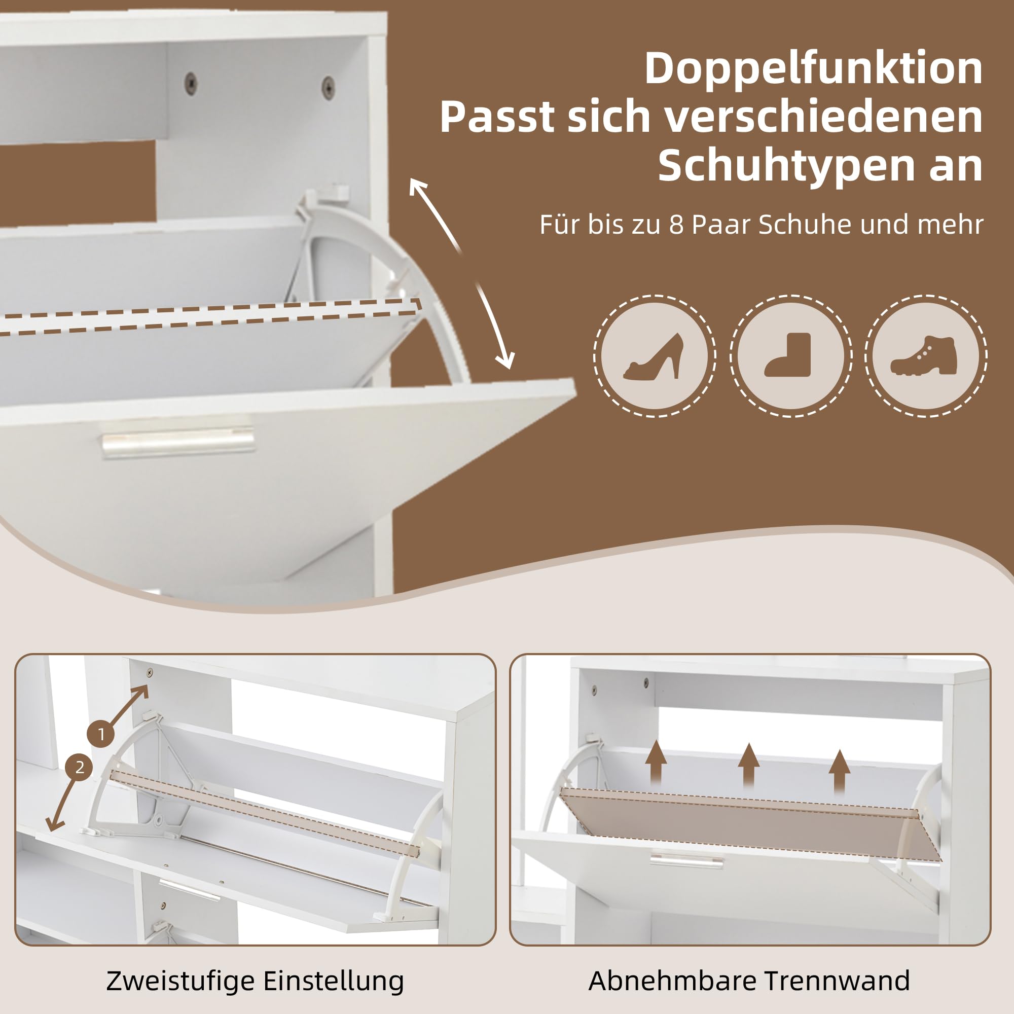 Garderobenset Wandgarderobe mit Klapptüren Schuhschränken und Spiegel, Weiß, 135x25x180 cm