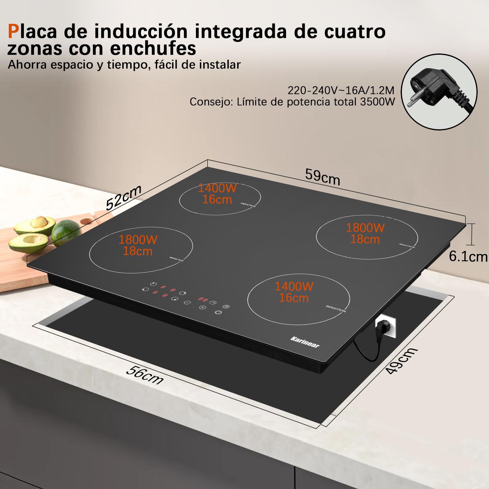 Karinear Piano Cottura a Induzione Elettrico, 60cm Piastra con 4 fuochi, Piani Cottura a Spina 3500W con 9 Power Comandi Toccare, Blocco di Sicurezza per Bambini, Timer Lock, Vetro, Nero