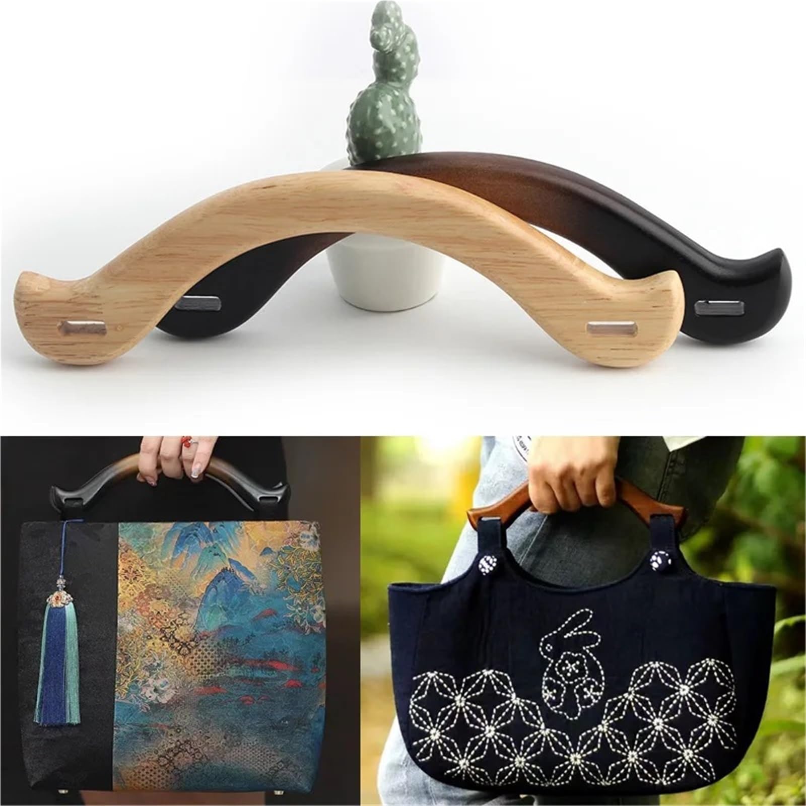 4 piezas de carteras ratán con asas arqueadas, bolsos paja, playa, madera en forma U, cruzados ganchillo Para Bolsas(Khaki 2)