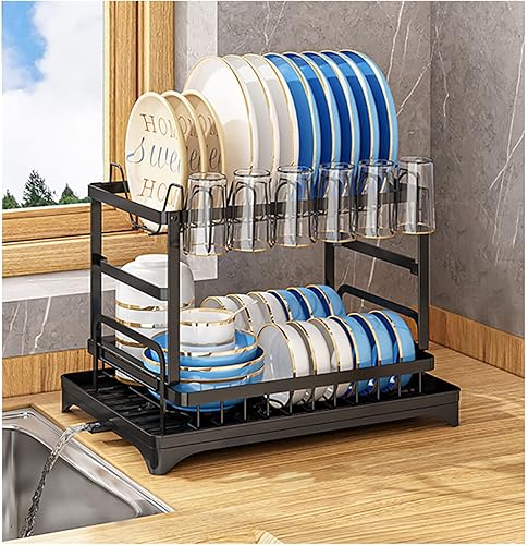 TPARIS Escurridor de platos de 2 niveles, bandeja de drenaje automático con boquilla giratoria expandible, colador de platos para encimera de