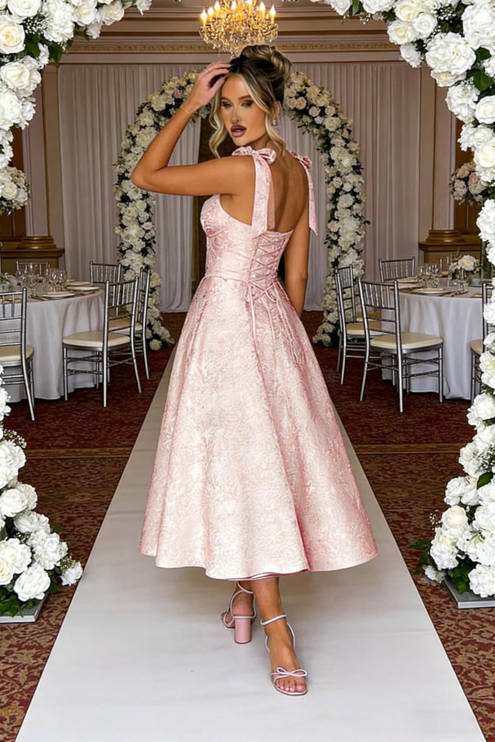 Women's Midi Bridesmaid Dresses Jacquard Satin with Bow Spaghetti Straps Square Neck Formal Wedding Guest Dress