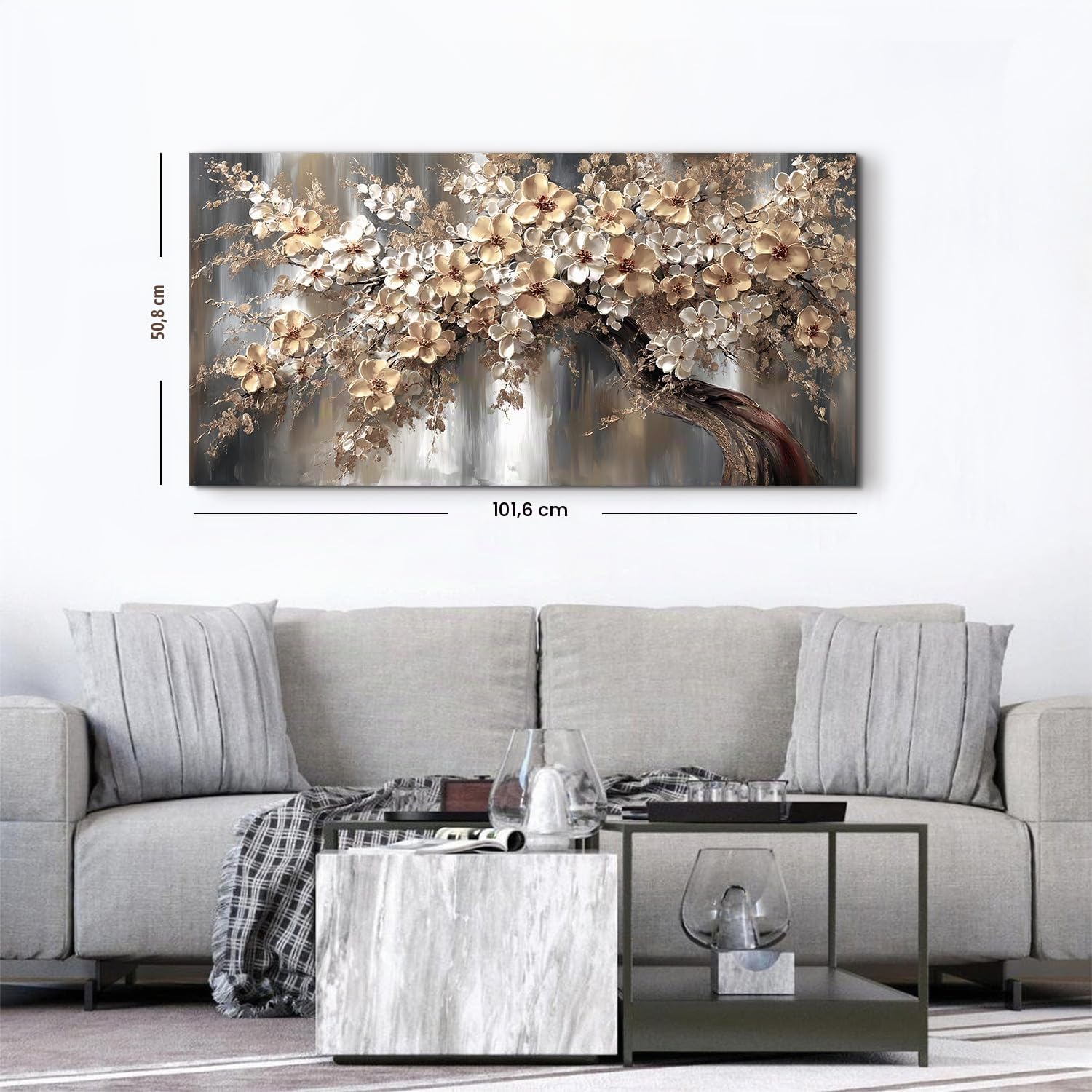 AREBOLO Baum des Lebens Leinwandbild 50x100 cm XL, Vintage Luxus Wanddeko Blumen Natur Wandbilder, Kunstdruck Canvas für Wohnzimmer Schlafzimmer Esszimmer, Weiß Gold Beige Wanddekoration als Geschenk