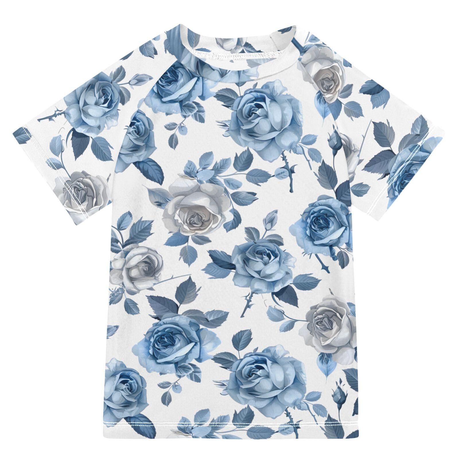 ALAZA Kids Rash Guard Boys Toddler Swim Shirts Short Sleeve Roses Dusty Blue UPF 50+ 3T