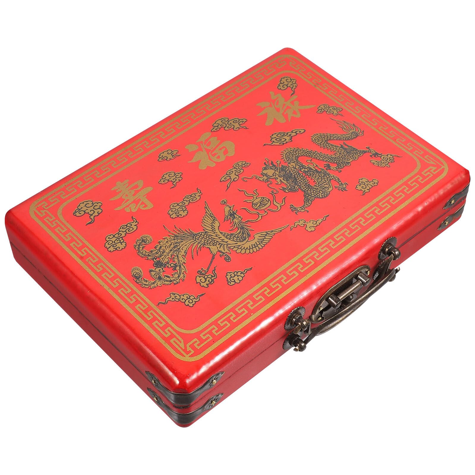 Boîte de transport vintage en bois rouge avec poignée ergonomique pour set de mahjong complet