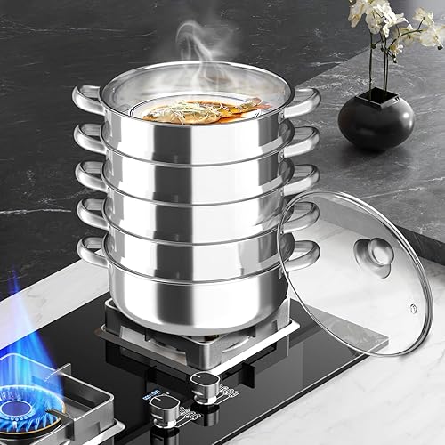 Miniatura 9 de Olla vaporera de acero inoxidable de 5 niveles de 11 pulgadas, olla apilable multiusos con tapa de vidrio a prueba de explosiones, asas duraderas,