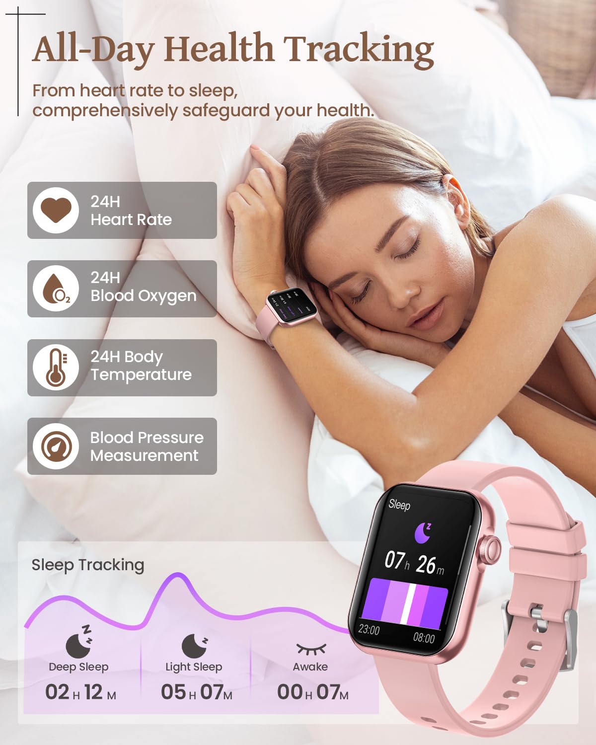 AIMIUVEI Smartwatch Donna, Orologio Smartwatch con Chiamate e Whatsapp, 120+ Modalità Sportive, 24H Frequenza Cardiaca SpO2, Sonno Fisiologia Femminile IP68 Notifiche Calorie per Android iOS Rosa