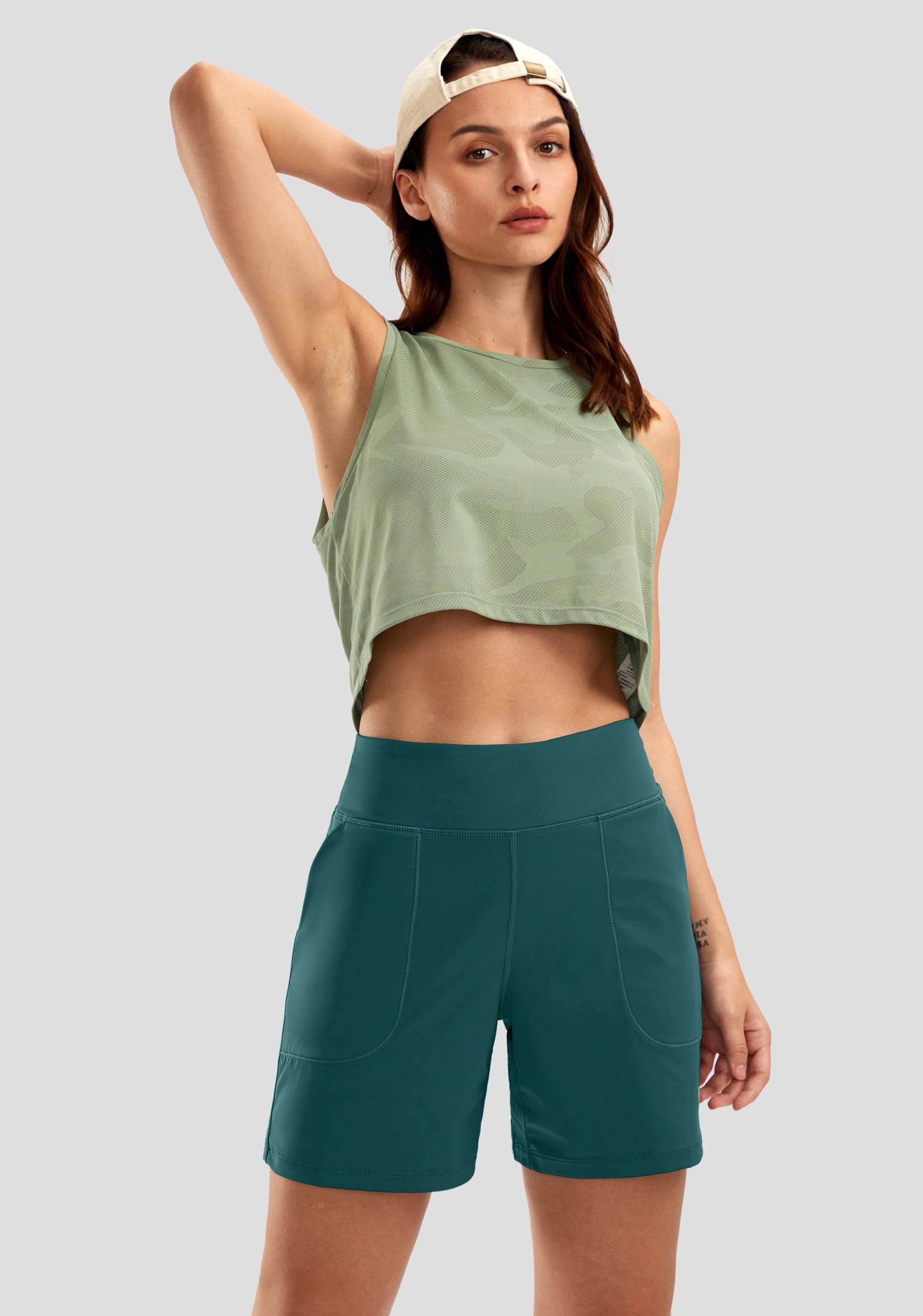 SANTINY Bermudas atléticas largas de 6 pulgadas con 4 bolsillos de cintura alta para mujer, para caminar, correr, casual