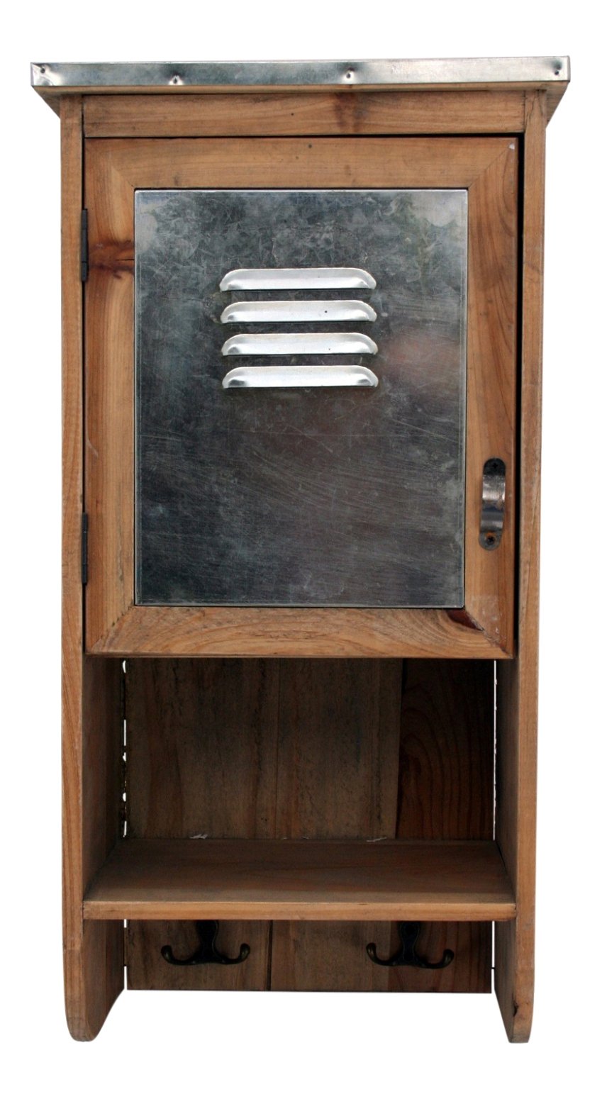 Wood and Metal Cabinet Storage 20 Inch Wall Unit with Hooks Farmhouse Decor