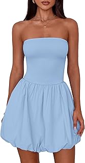 Womens Strapless Bubble Mini Dress Summer Tube Top Sundress Casual Off Shoulder A Line Party Short Dresses Vacation - Buy now