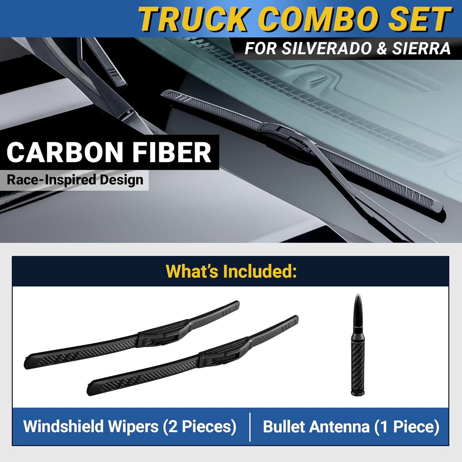 Carbon Fiber Combo Set, Fits Chevy Silverado & GMC Sierra (Year 2019-2026) Patented OEM Front Windshield Wiper Blades 22"+22" + Short Antenna, Truck Accessories, Gifts for Father Dad Men Him