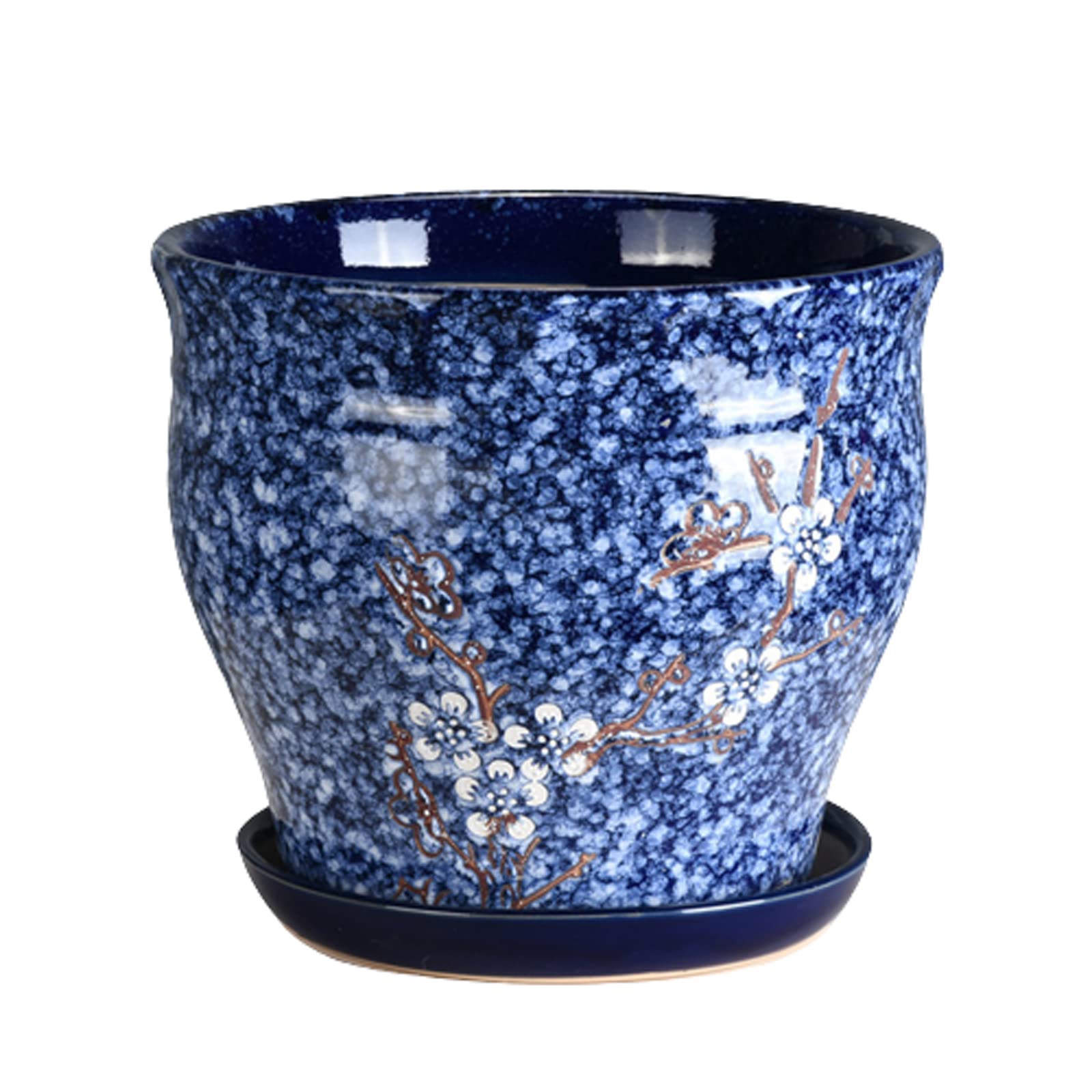 Vasi da Giardino Vaso da Fiori in Ceramica con Foro di drenaggio e piattino, vasi per fioriere con Motivo a Fiori di Prugna, Contenitore per fioriere per la Decorazione Domestica