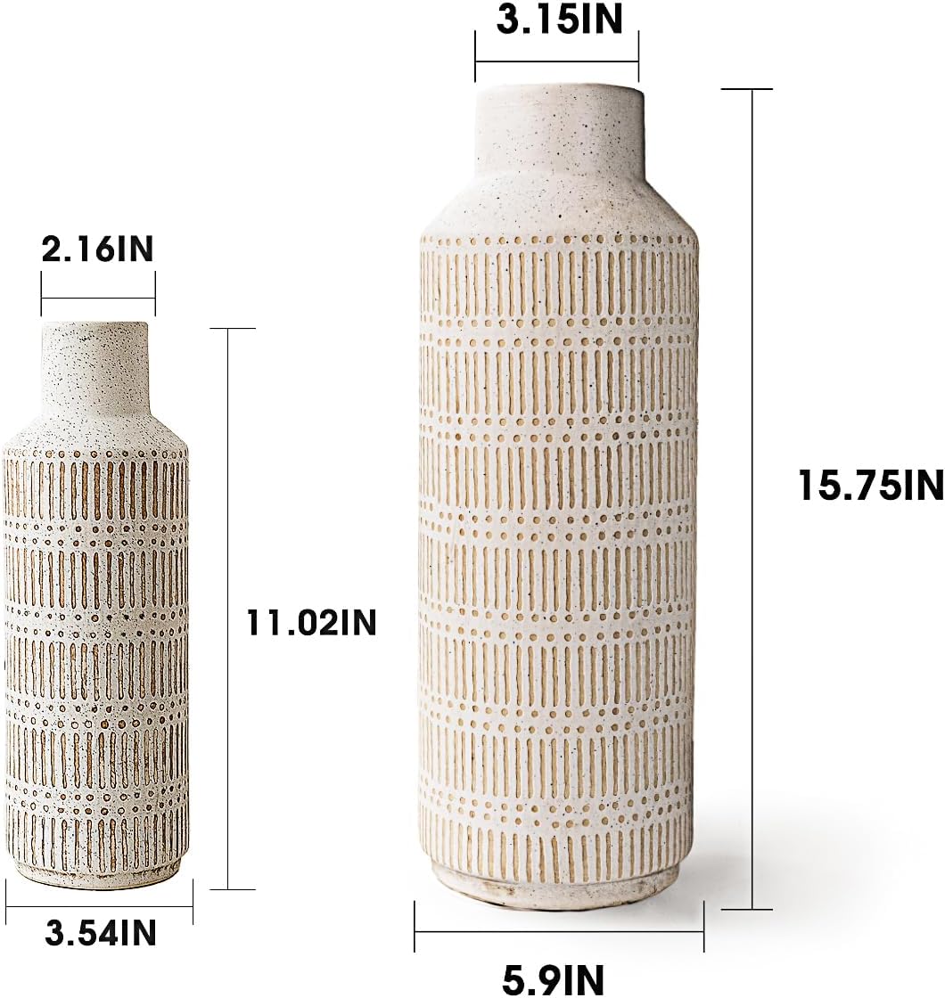 Farmhouse Ceramic Vase Set of 2 for Living Room Bedroom 15.75'' and 11.02'' Flower Bouquet Vases for Fake Plant Home Decor Office Fireplace Centerpieces Rustic Retro Vintage Modern Gift