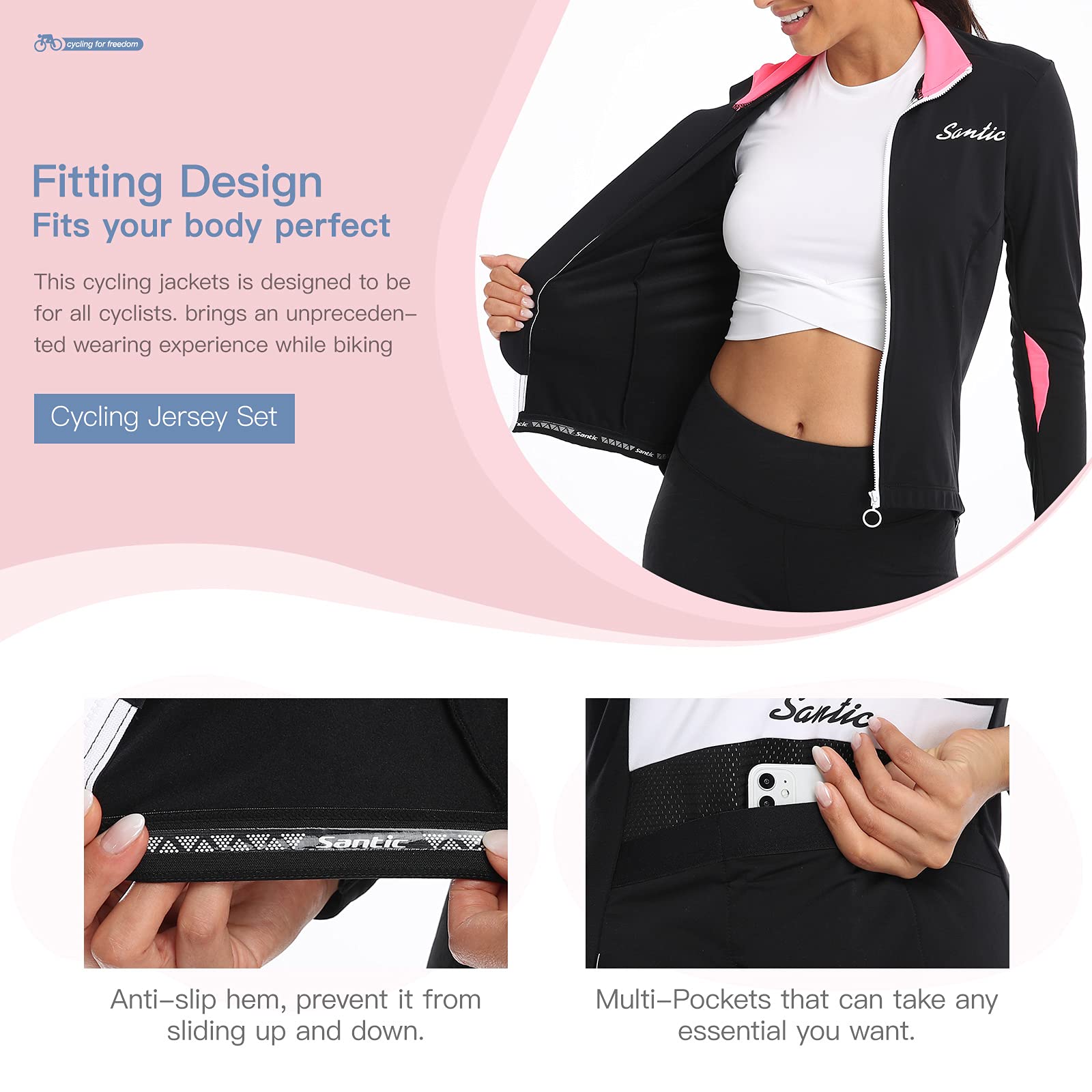 Santic Chaquetas Ciclismo Mujer Chaquetas Running Polar Invierno Manga Larga Cortavientos Maillots Jersey Térmico Negro Rosa