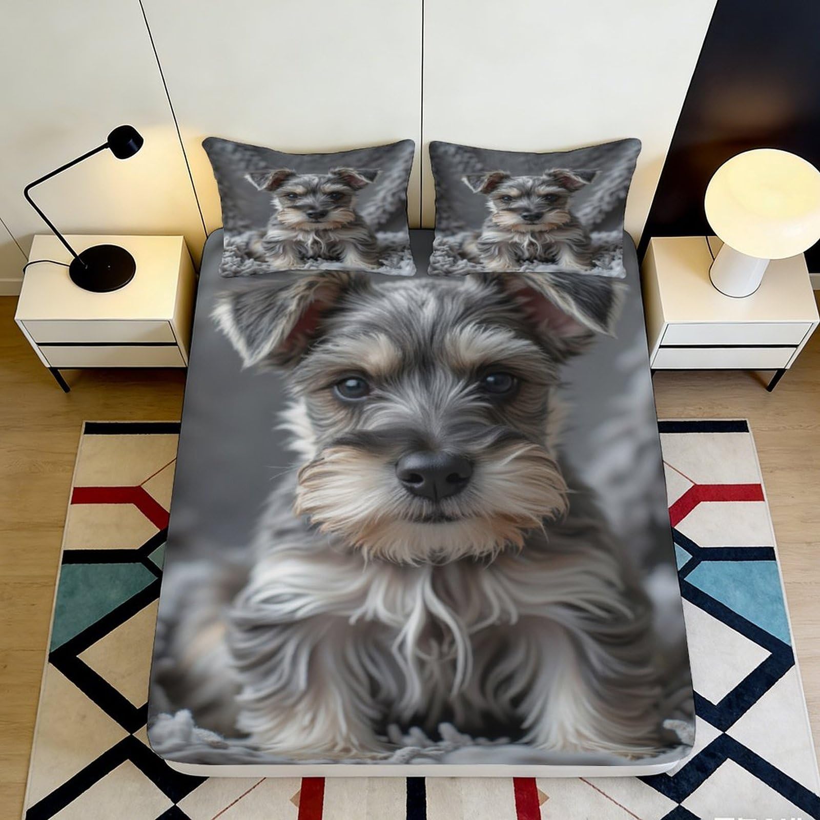 3D Printed Schnauzer Dog Fitted Sheet Microfiber Soft Grey Animal Mattress Cover for Bedroom Dorm Decor 90x200x25cm