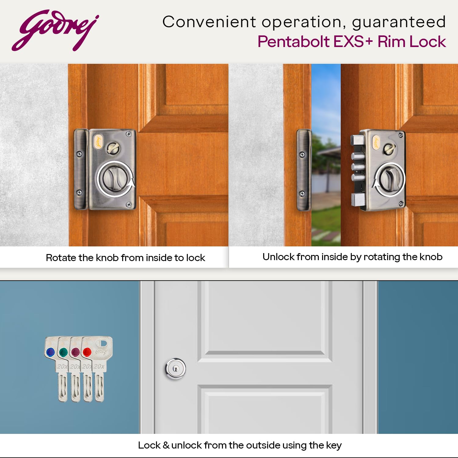 Godrej EXS+ Technology Pentabolt 1 CK Deadbolt Rim Lock For Main Door, Suitable For Out Side Opening Wooden Door Rim Lock With 4 Keys (Silver, Pack of 1 — Amazon image 6