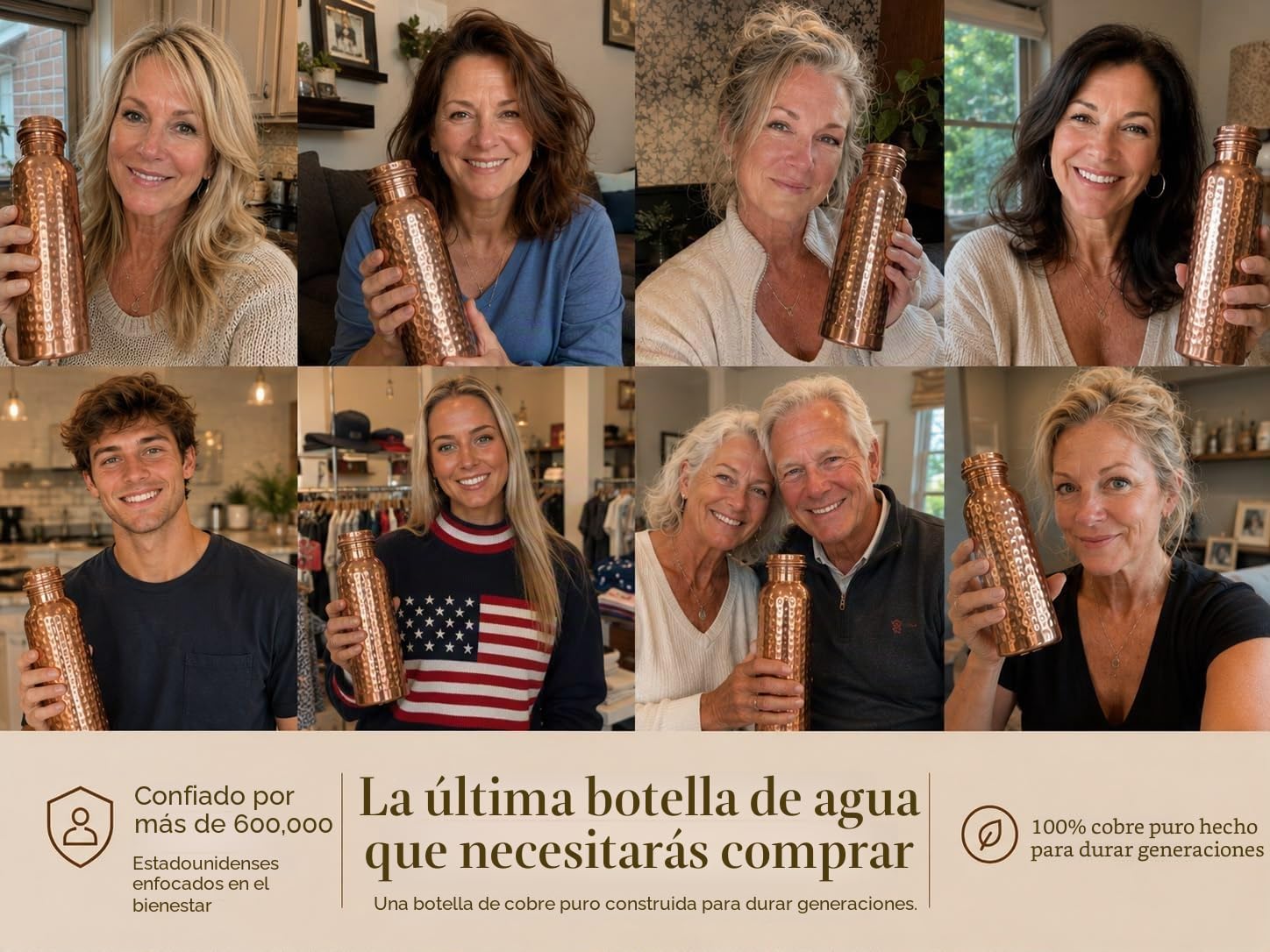 Botella de Agua de Cobre Puro Martillado a Mano 950 ml – Botella Ayurvédica Antifugas Sin BPA para Yoga, Viajes y Oficina con Bolsa de Lona, Bolsillo, Porta Tarjetas y Cepillo