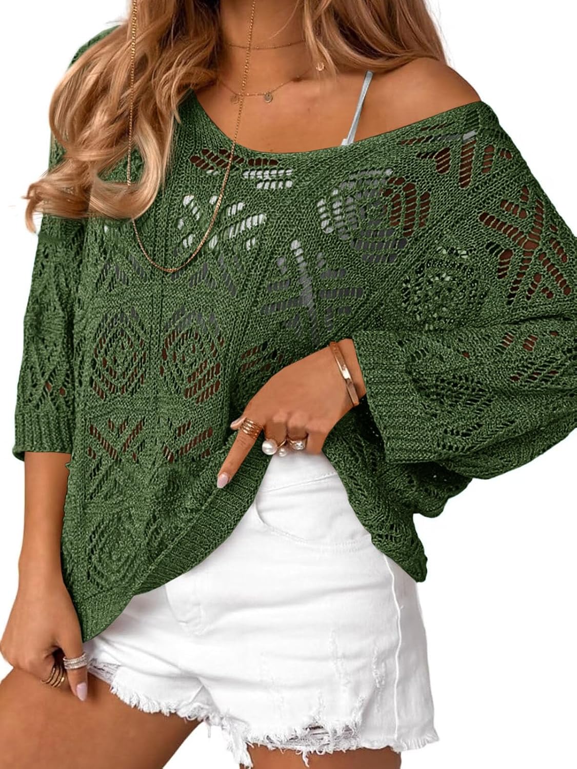 Saodimallsu Womens Crochet Cover Up Top Summer 3/4 Sleeve Off Shoulder Sweater Shirts Mesh Boho Beach Swimsuit Coverup