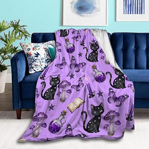 Manta de franela para hombres y niños, compatible con bruja bruja, gótica y hongo de gato negro, manta pequeña y grande más cálida, bonita manta de