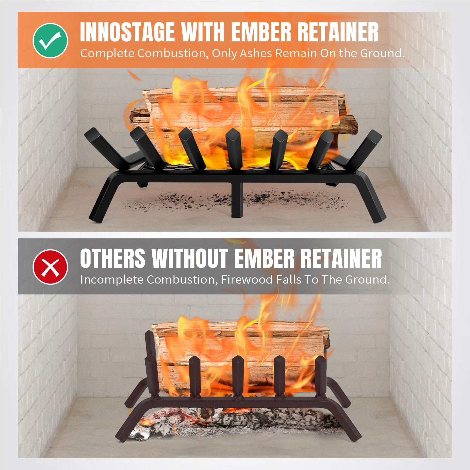 INNO STAGE Griglie per caminetto con fermo per brace, 53 cm, in acciaio massiccio resistente, 7 barre, griglia antincendio, all'interno in ghisa battuta, stufa a legna per interni ed esterni