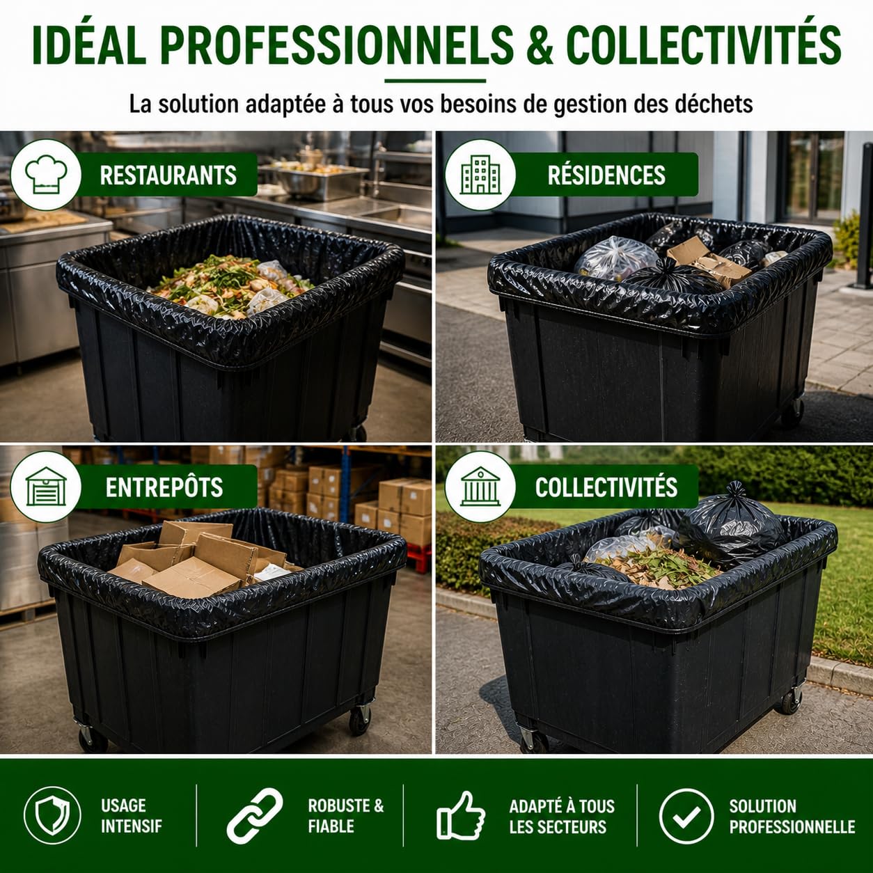 Sac Poubelle 1000-1100L X 20 | Housse Protection Conteneur 1000 Litres | Sacs Housses 1100 Litres Noir Opaque | Tous Types Déchets et Ordures | Epaisseur 30µ | Anti Fuites et Anti Salissures