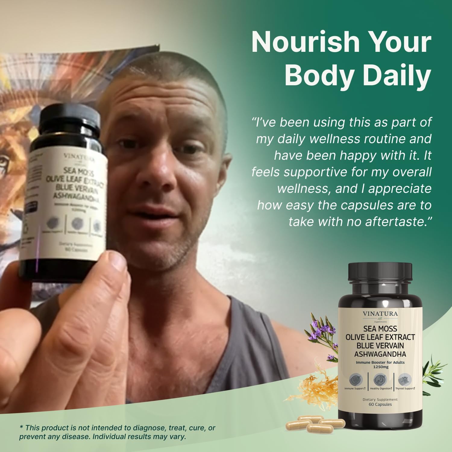 VINATURA Organic Sea Moss, Blue Vervain - with Black Seed Oil, Ashwagandha, Ginger, Burdock Root Capsules - 1250mg per Serving, *USA Made &Tested* Immune Booster for Adults - Image 5