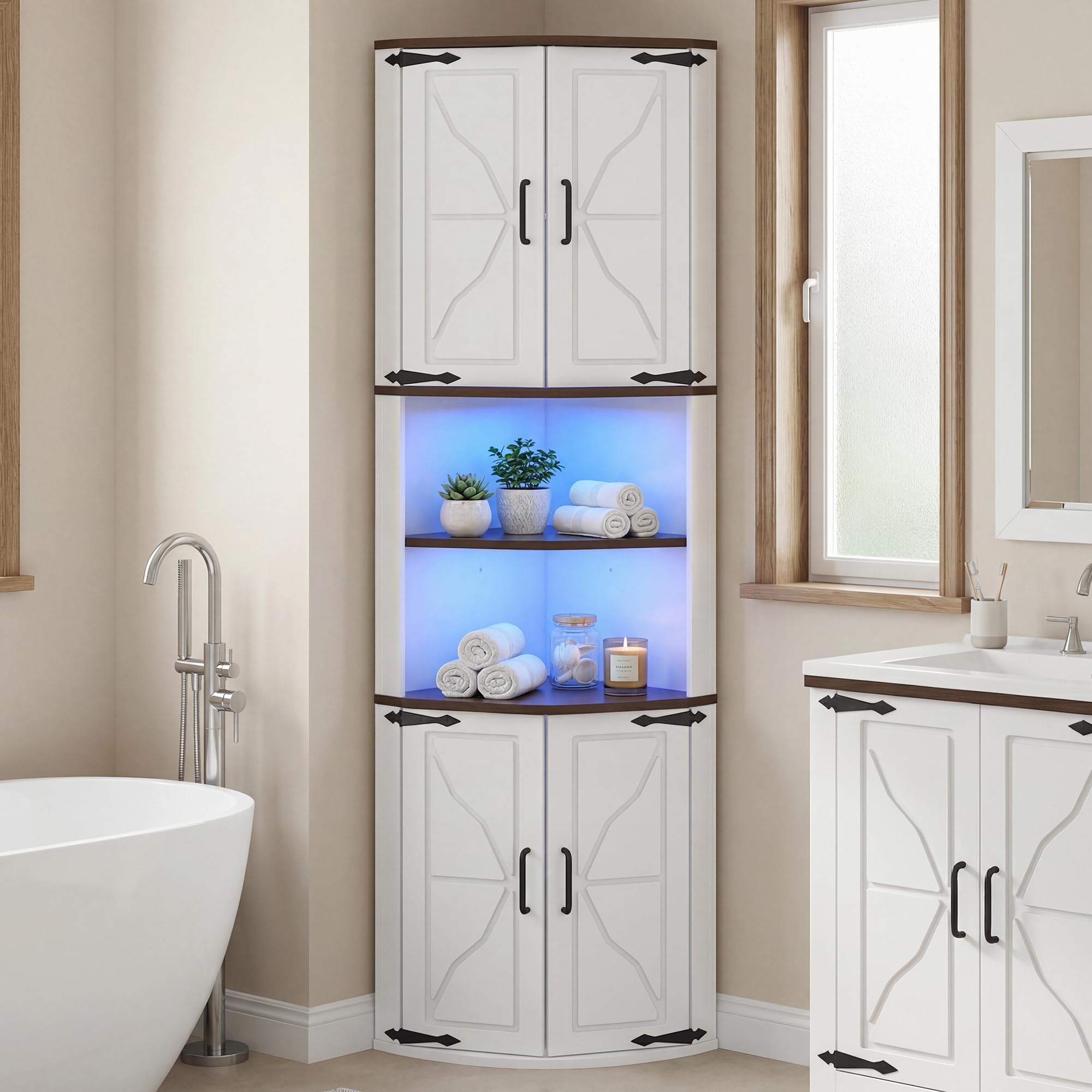 Eckschrank, Küchenschrank Hoch, LED Badezimmerschrank Schmal, Eckregal mit 4 Türen und 6 Ablageflächen, 165cm Aufbewahrungsschrank Holz, Hochschrank Buffetschrank für Küche, Wohnzimmer, Esszimmer