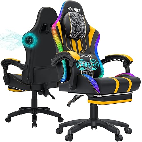 Led Gaming Chair Massage with Speakers Big and Tall Video Game Chair with Footrest for 400lbs Reclining High Back Computer Desk Chair Yellow and Black - Yellow+black