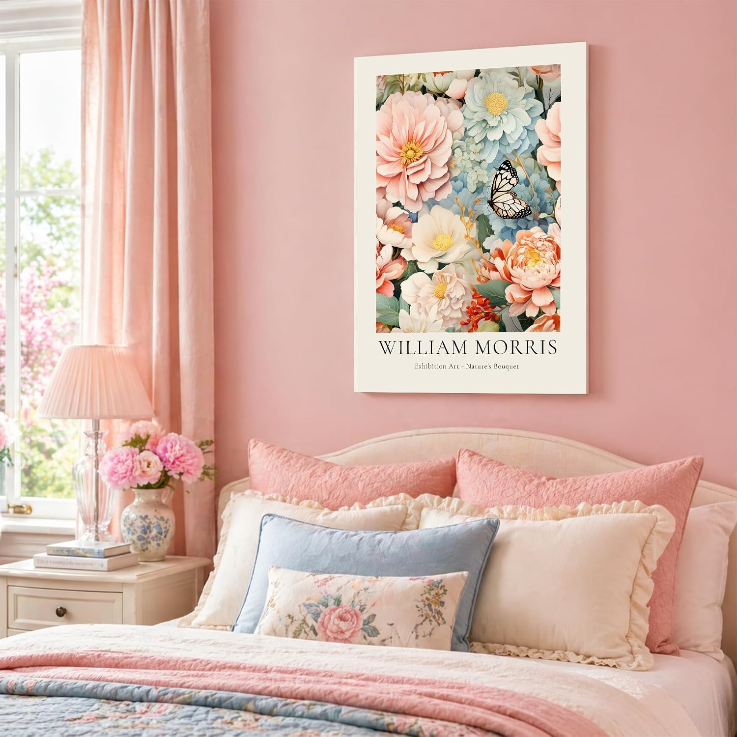 William Morris Style Botanical Floral Canvas Wall Art Vintage Butterfly and Peony Poster Print Gallery Wrapped Stretched Canvas Decor for Bedroom Living Room Bathroom Office 12x16 Inch Ready to Hang