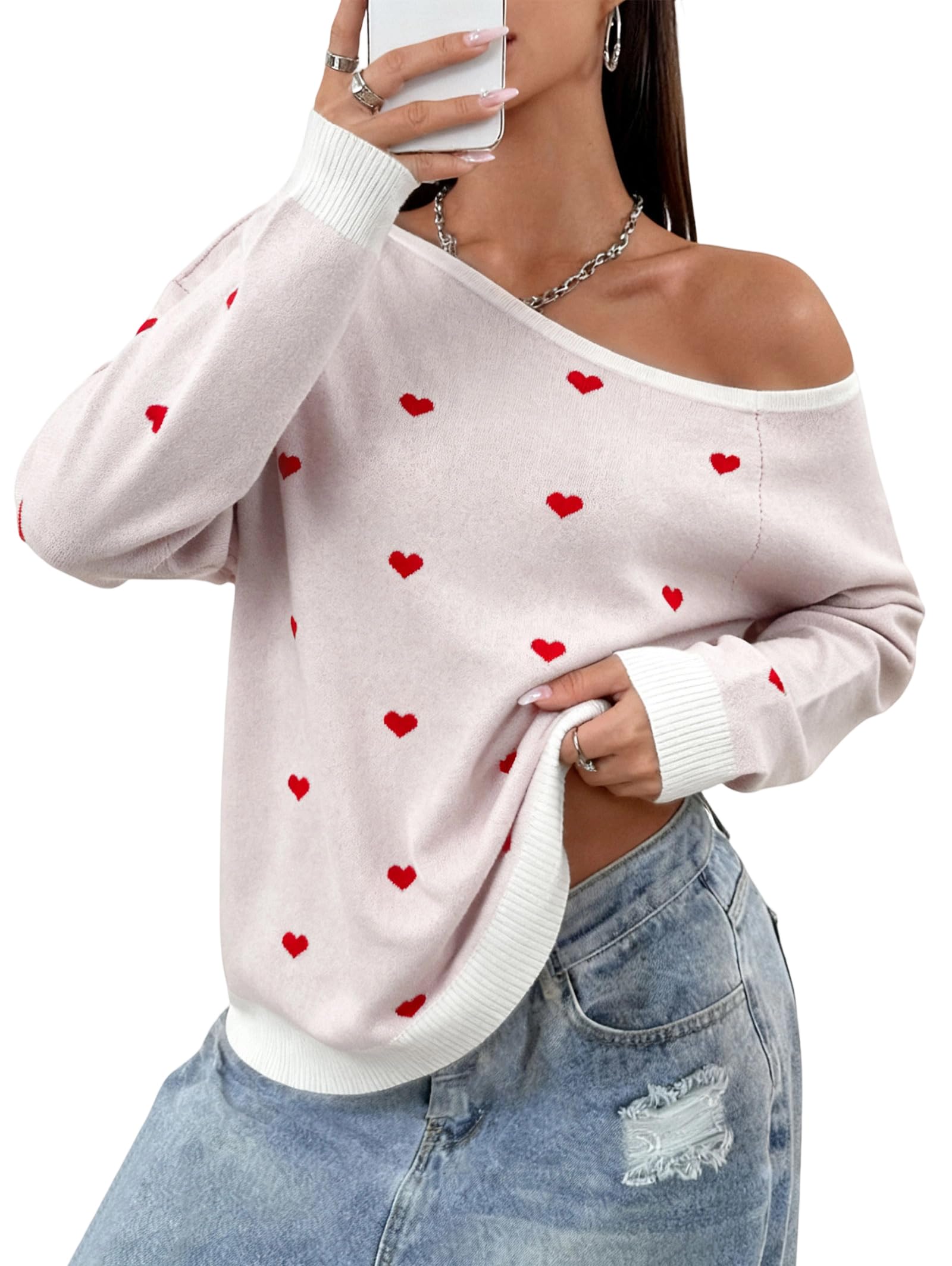 MNLYBABY Valentine Sweater for Women Y2k Off The Shoulder Sweaters Loose Long Sleeve Hearts Printed Tops