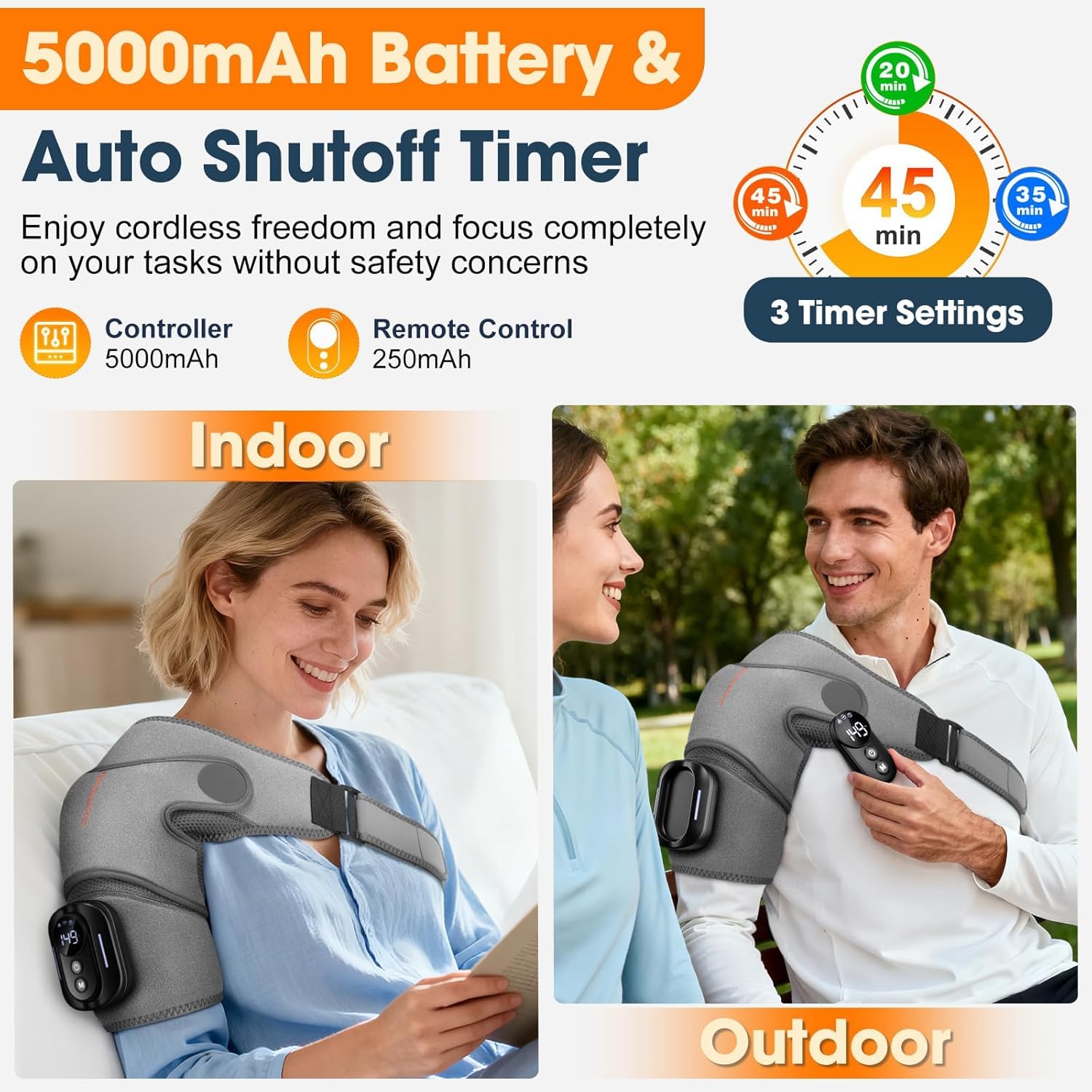 3-in-1 Schultermassager, Kabellose Beheizte Schultermassageauflage, 5 Einstellbare Wärme- & Vibrationsmodi, 5000mAh Schultermassagegerät mit Fernbedienung, 3-Gang-Timer, für Männer Frauen Geschenk
