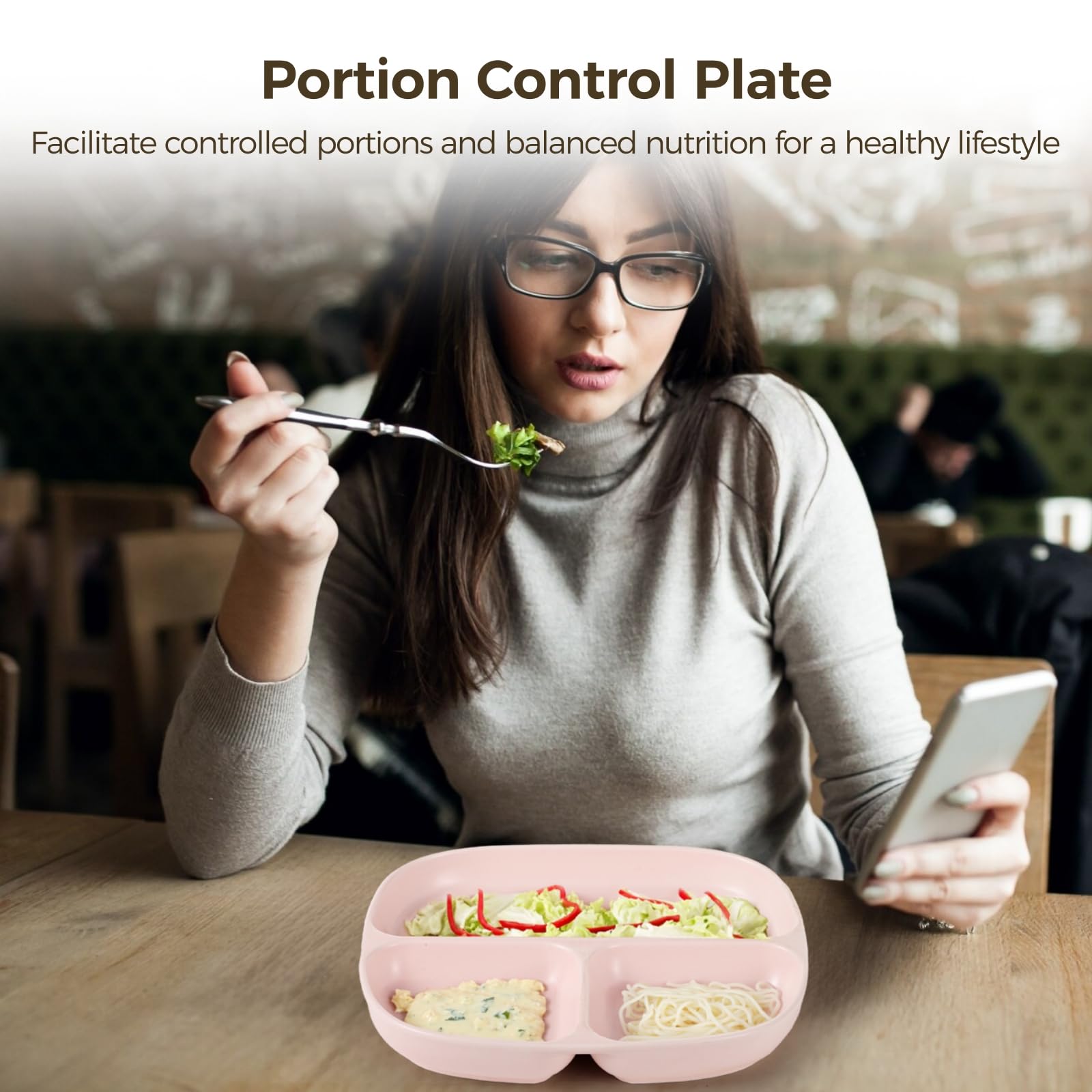Lot de 2 assiettes de contrôle des portions en céramique de 21,6 cm pour adultes, assiettes carrées en porcelaine pour repas équilibrés, rose